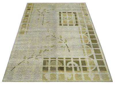 Modern Geometrical 4.6x6.6 Olive, Ivory and Charcoal Floral Hand Knotted Wool and Silk Area Rug - The Rug Decor