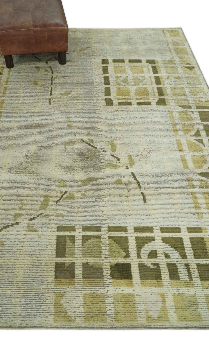 Modern Geometrical 4.6x6.6 Olive, Ivory and Charcoal Floral Hand Knotted Wool and Silk Area Rug - The Rug Decor