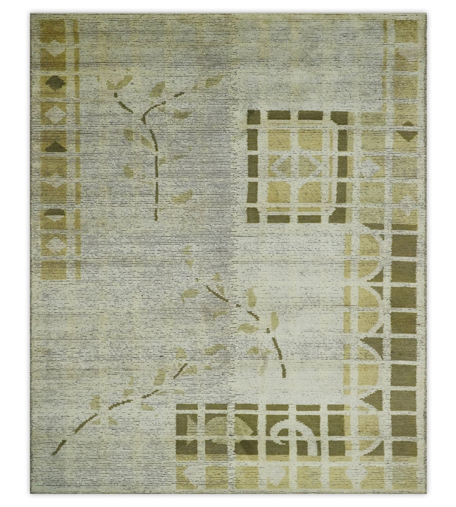 Modern Geometrical 4.6x6.6 Olive, Ivory and Charcoal Floral Hand Knotted Wool and Silk Area Rug - The Rug Decor