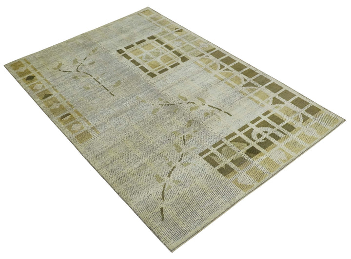 Modern Geometrical 4.6x6.6 Olive, Ivory and Charcoal Floral Hand Knotted Wool and Silk Area Rug - The Rug Decor