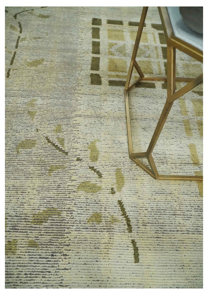 Modern Geometrical 4.6x6.6 Olive, Ivory and Charcoal Floral Hand Knotted Wool and Silk Area Rug - The Rug Decor