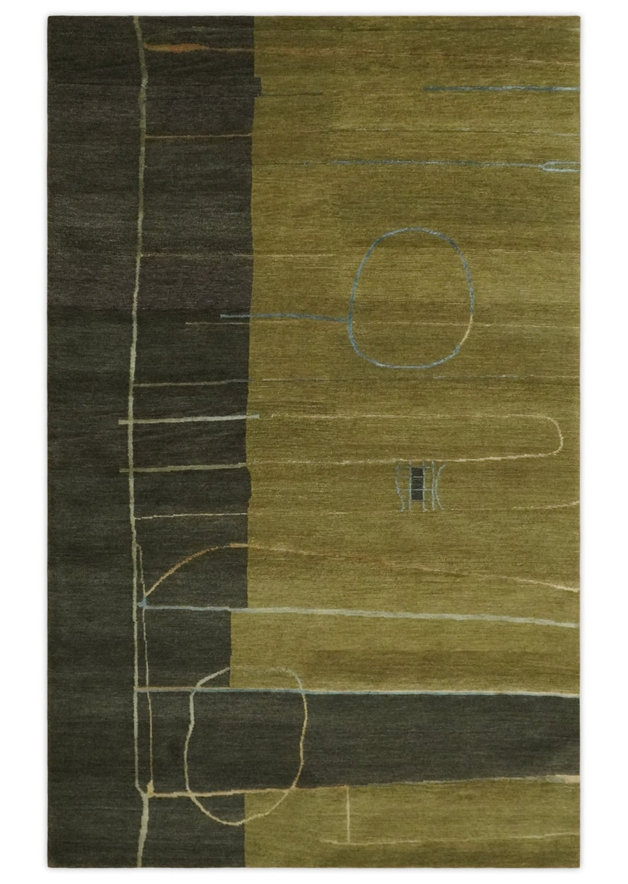 Modern Geometrical 5x8 Olive and Dark Green Hand Knotted Wool and Viscose Area Rug - The Rug Decor