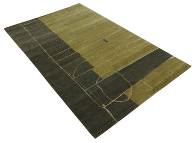 Modern Geometrical 5x8 Olive and Dark Green Hand Knotted Wool and Viscose Area Rug - The Rug Decor
