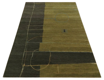 Modern Geometrical 5x8 Olive and Dark Green Hand Knotted Wool and Viscose Area Rug - The Rug Decor