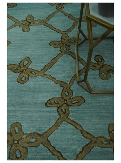 Modern Geometrical Aqua, Camel and Charcoal 6x9 Hand loom Wool and Art Silk Area Rug - The Rug Decor