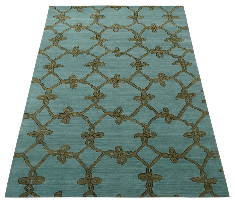 Modern Geometrical Aqua, Camel and Charcoal 6x9 Hand loom Wool and Art Silk Area Rug - The Rug Decor