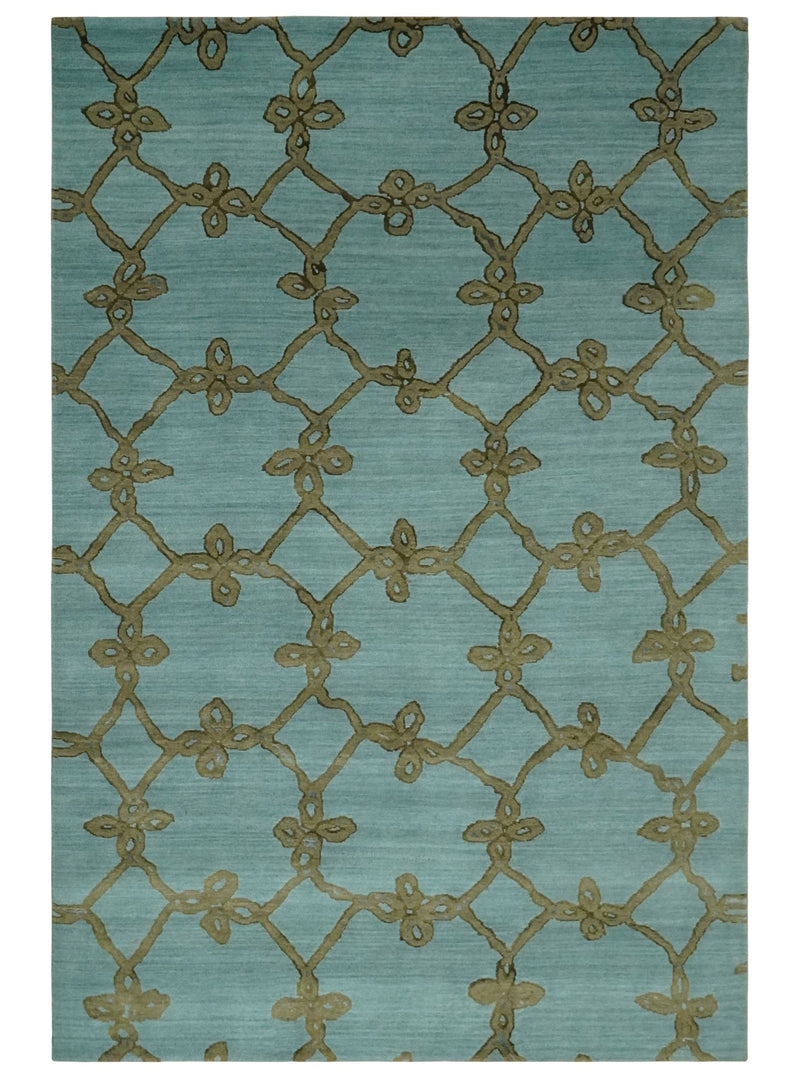 Modern Geometrical Aqua, Camel and Charcoal 6x9 Hand loom Wool and Art Silk Area Rug - The Rug Decor