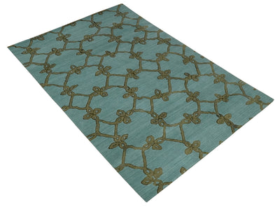 Modern Geometrical Aqua, Camel and Charcoal 6x9 Hand loom Wool and Art Silk Area Rug - The Rug Decor