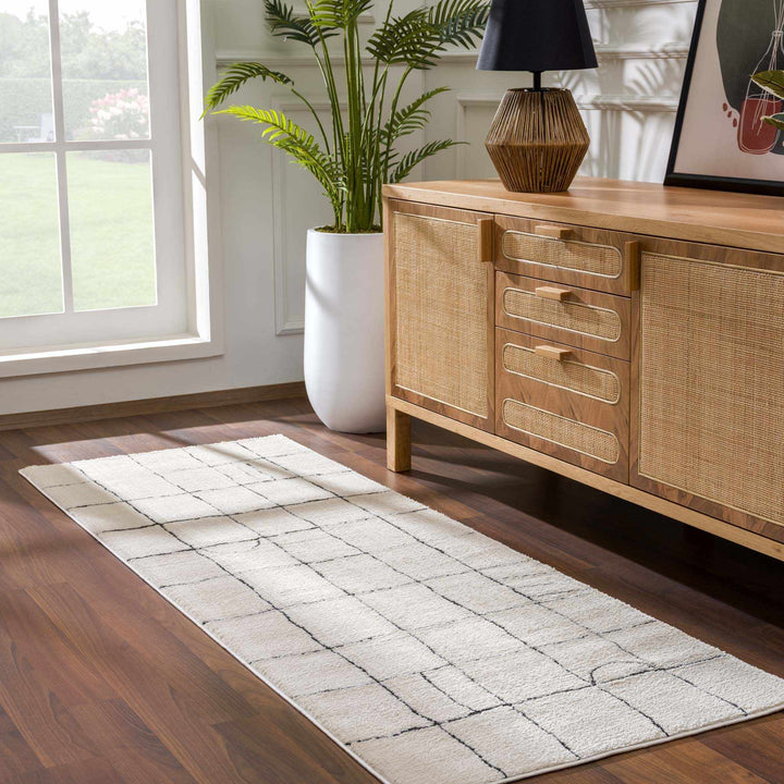 Modern Geometrical Beige and Black High Pile Area Rug - The Rug Decor