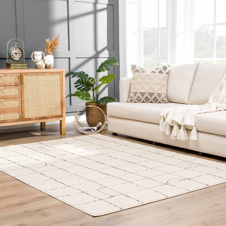 Modern Geometrical Beige and Black High Pile Area Rug - The Rug Decor