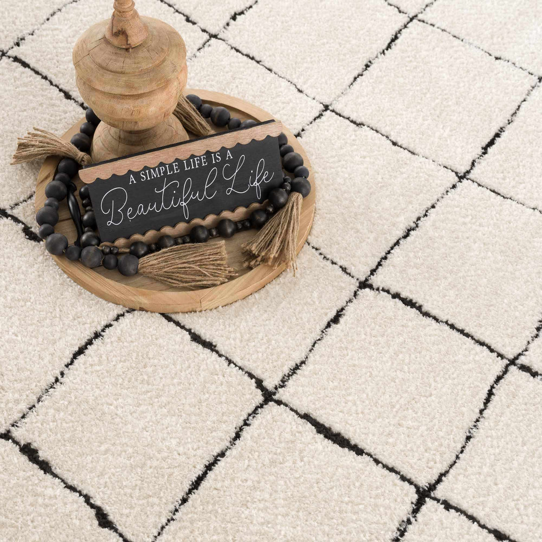 Modern Geometrical Beige and Black High Pile Area Rug - The Rug Decor