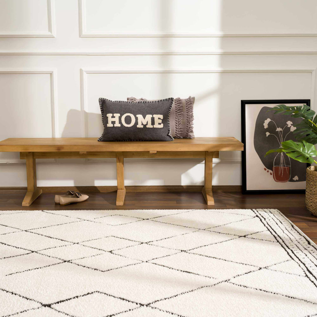 Modern Geometrical Beige and Black Plush Pile Area Rug - The Rug Decor