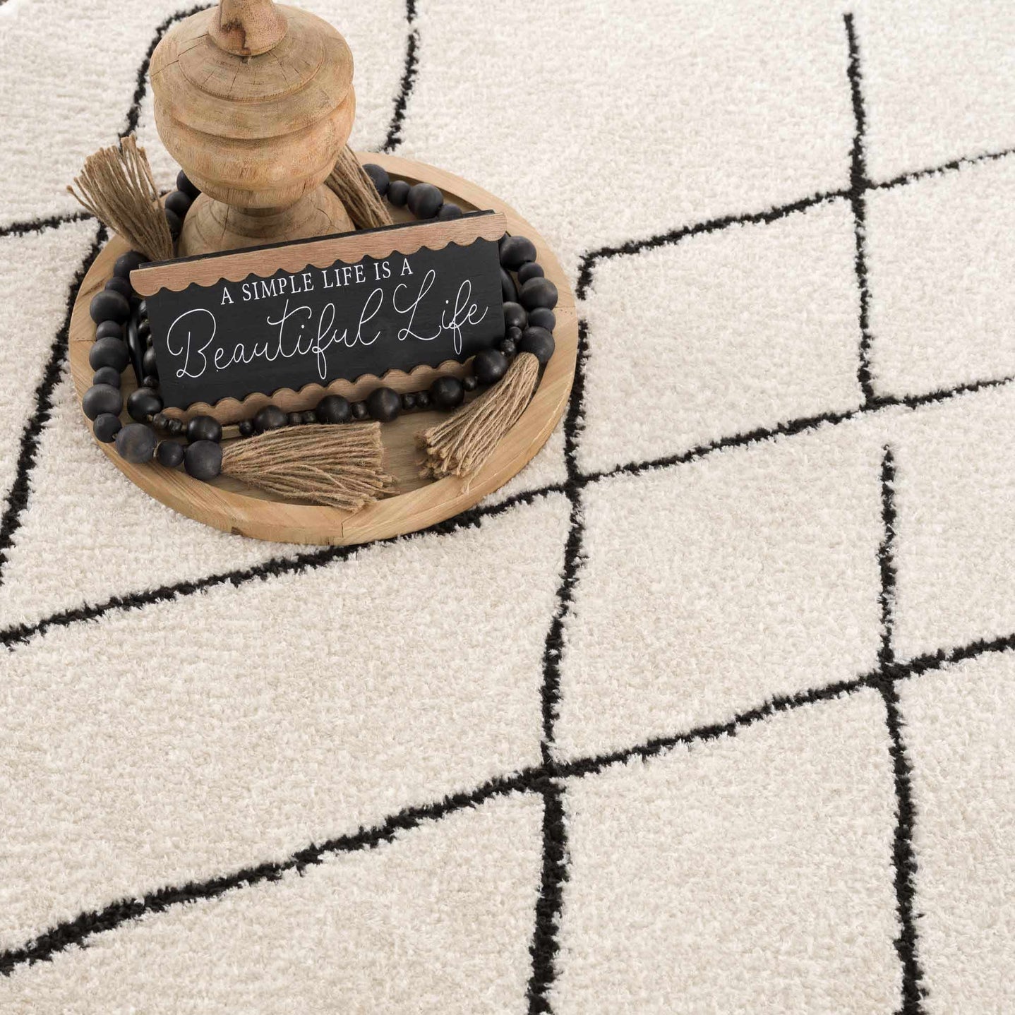 Modern Geometrical Beige and Black Plush Pile Area Rug - The Rug Decor