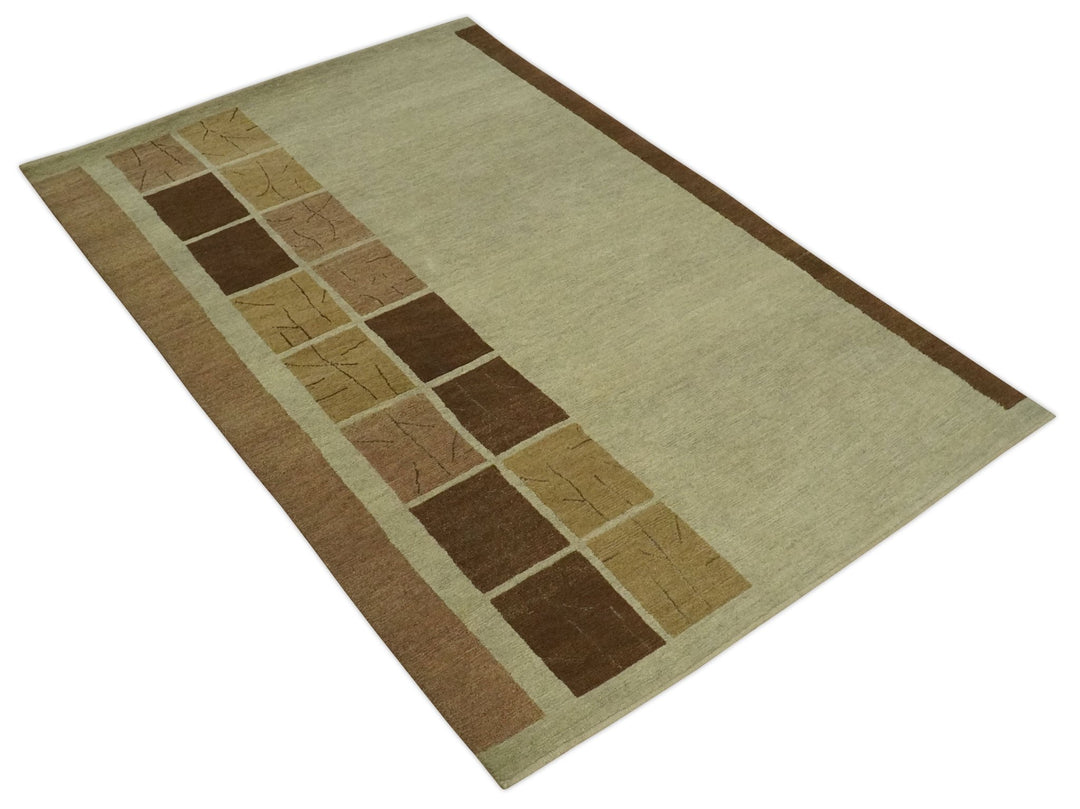 Modern Geometrical Beige, Brown and olive 4x6 Hand Knotted Wool Area Rug - The Rug Decor