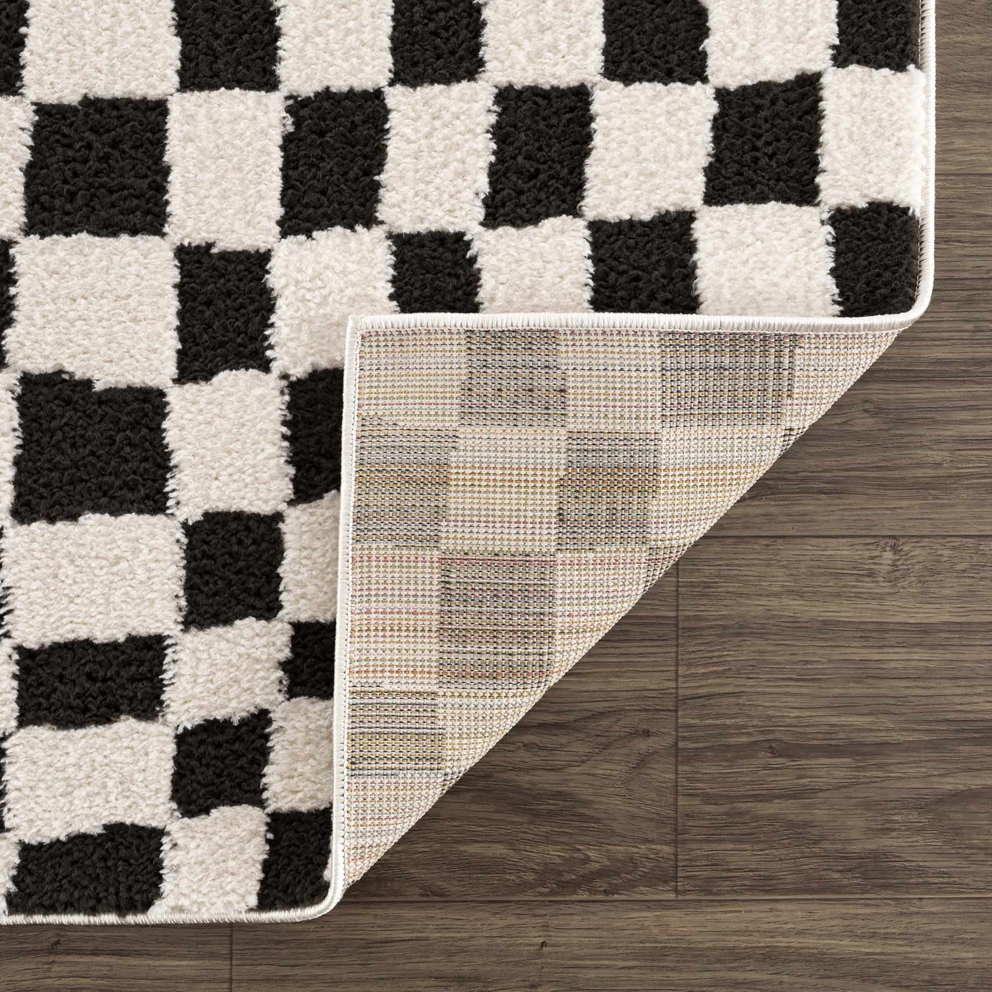 Modern Geometrical Black and Ivory Checkered Plush Pile Moroccan Style Area Rug - The Rug Decor