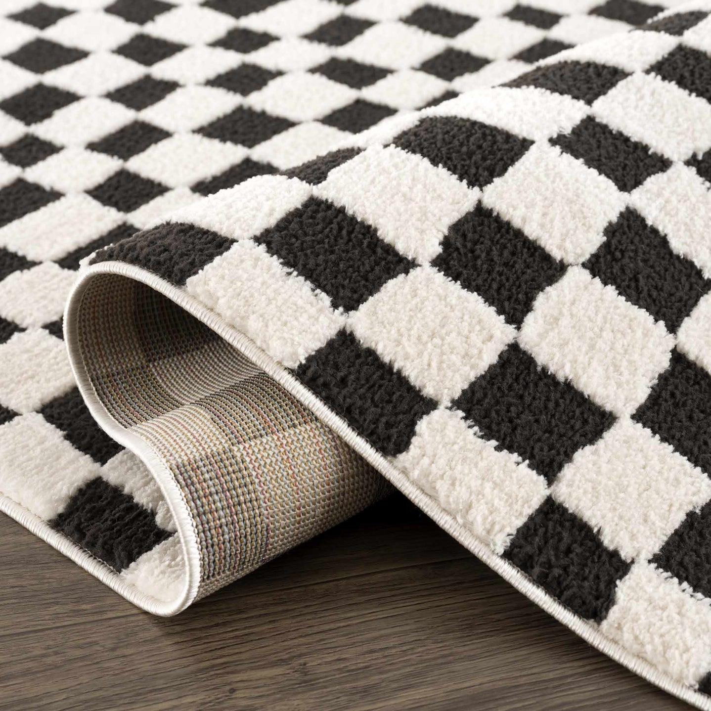 Modern Geometrical Black and Ivory Checkered Plush Pile Moroccan Style Area Rug - The Rug Decor