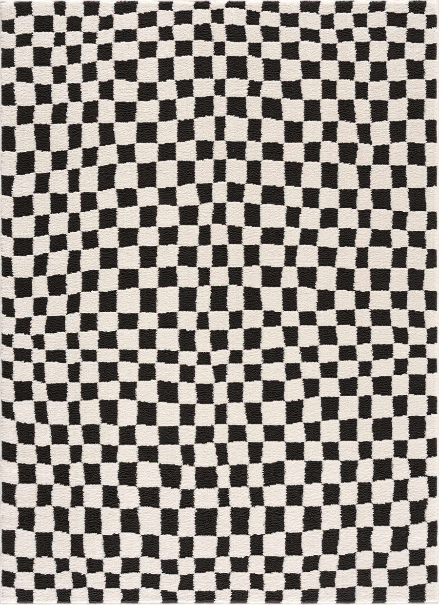 Modern Geometrical Black and Ivory Checkered Plush Pile Moroccan Style Area Rug - The Rug Decor