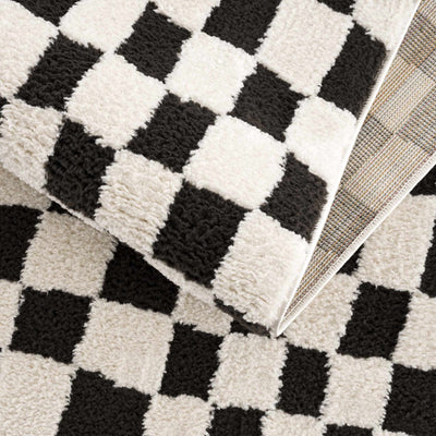 Modern Geometrical Black and Ivory Checkered Plush Pile Moroccan Style Area Rug - The Rug Decor