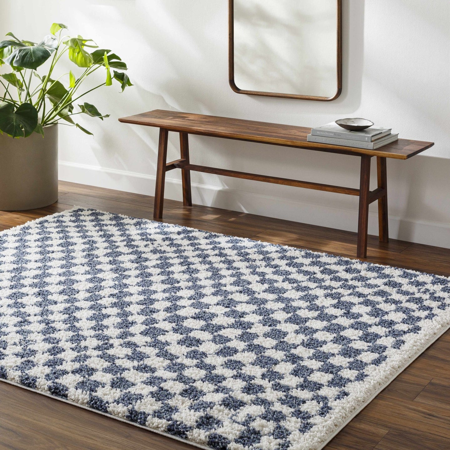 Modern Geometrical Blue and Ivory Checkered Plush Pile Moroccan Style Area Rug - The Rug Decor