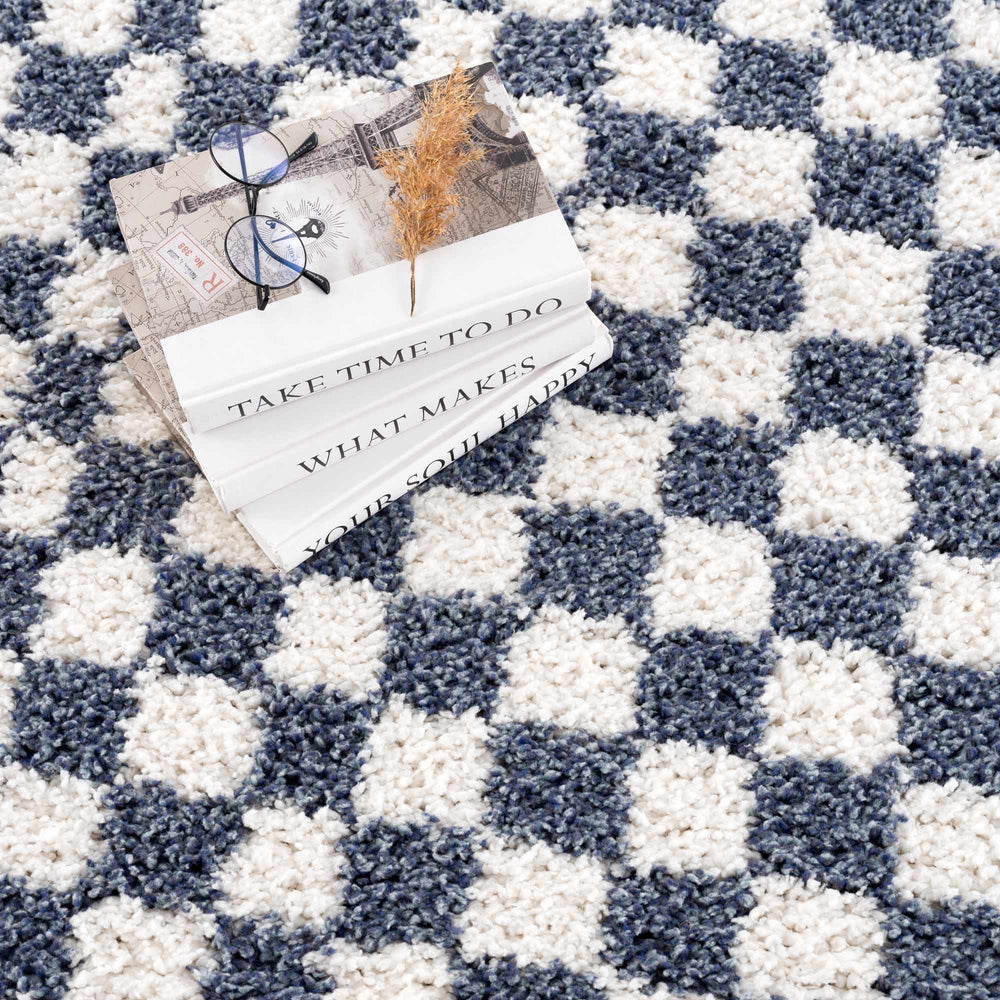 Modern Geometrical Blue and Ivory Checkered Plush Pile Moroccan Style Area Rug - The Rug Decor