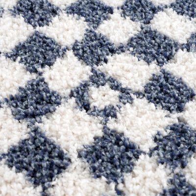 Modern Geometrical Blue and Ivory Checkered Plush Pile Moroccan Style Area Rug - The Rug Decor