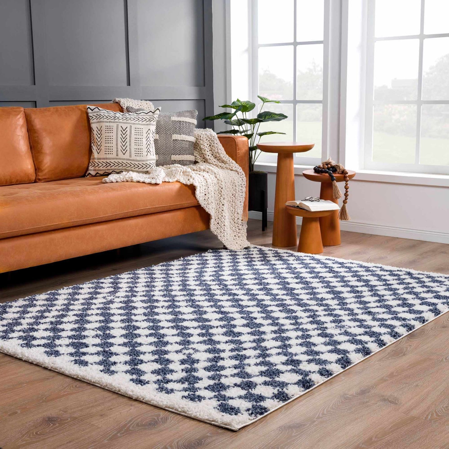 Modern Geometrical Blue and Ivory Checkered Plush Pile Moroccan Style Area Rug - The Rug Decor
