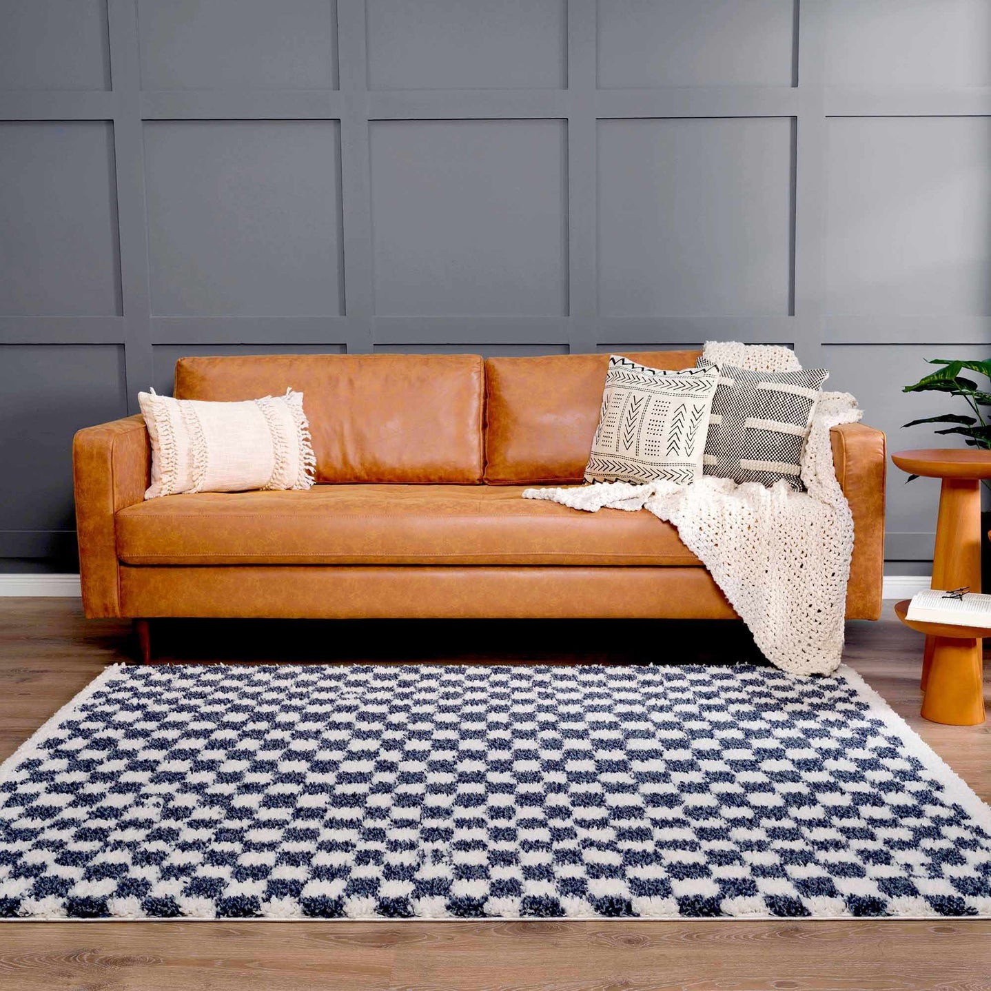 Modern Geometrical Blue and Ivory Checkered Plush Pile Moroccan Style Area Rug - The Rug Decor