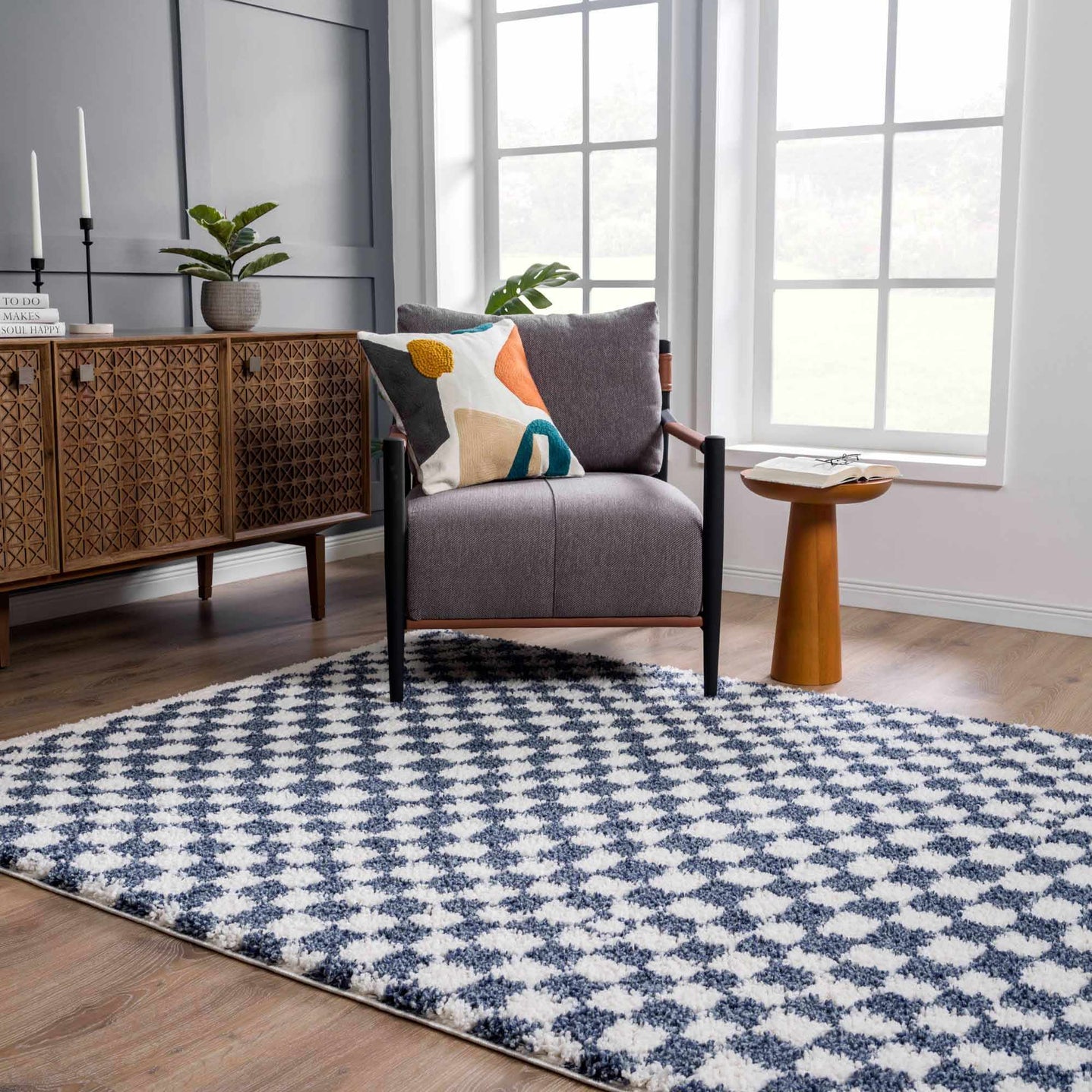 Modern Geometrical Blue and Ivory Checkered Plush Pile Moroccan Style Area Rug - The Rug Decor