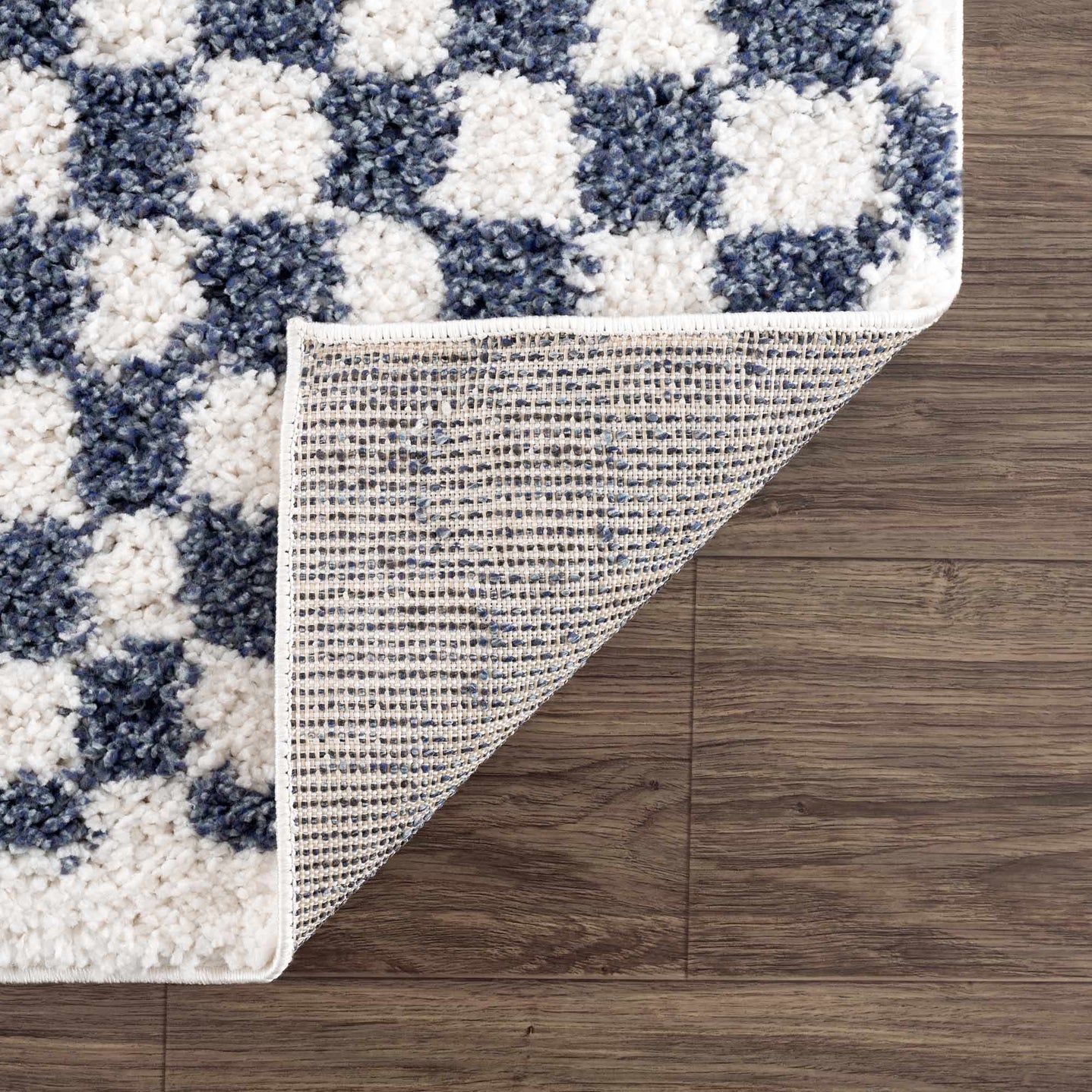 Modern Geometrical Blue and Ivory Checkered Plush Pile Moroccan Style Area Rug - The Rug Decor