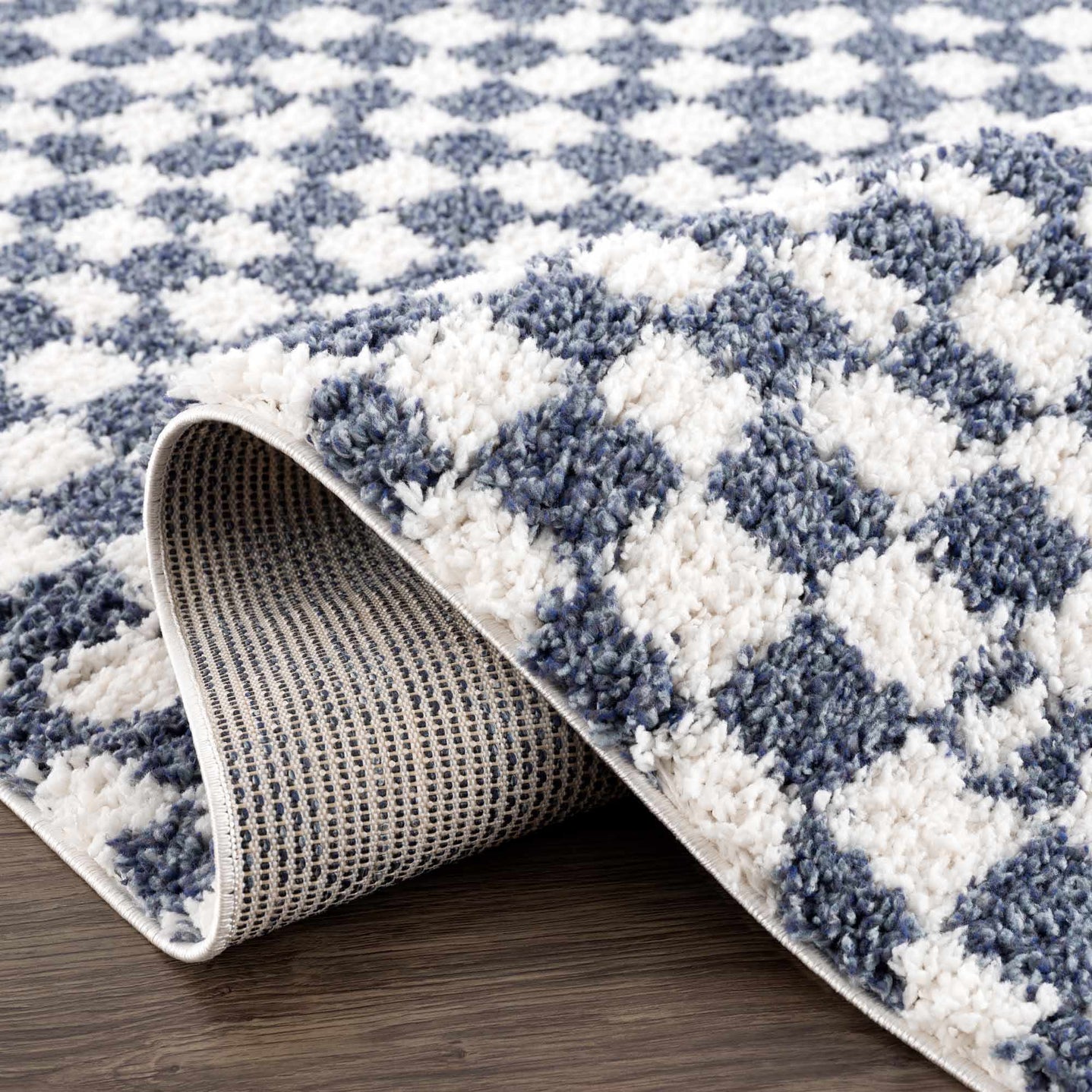 Modern Geometrical Blue and Ivory Checkered Plush Pile Moroccan Style Area Rug - The Rug Decor