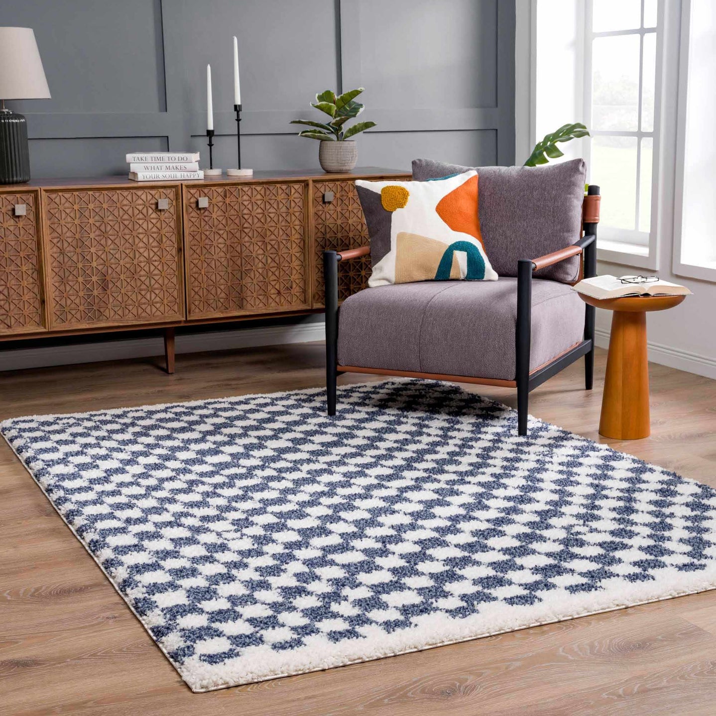 Modern Geometrical Blue and Ivory Checkered Plush Pile Moroccan Style Area Rug - The Rug Decor
