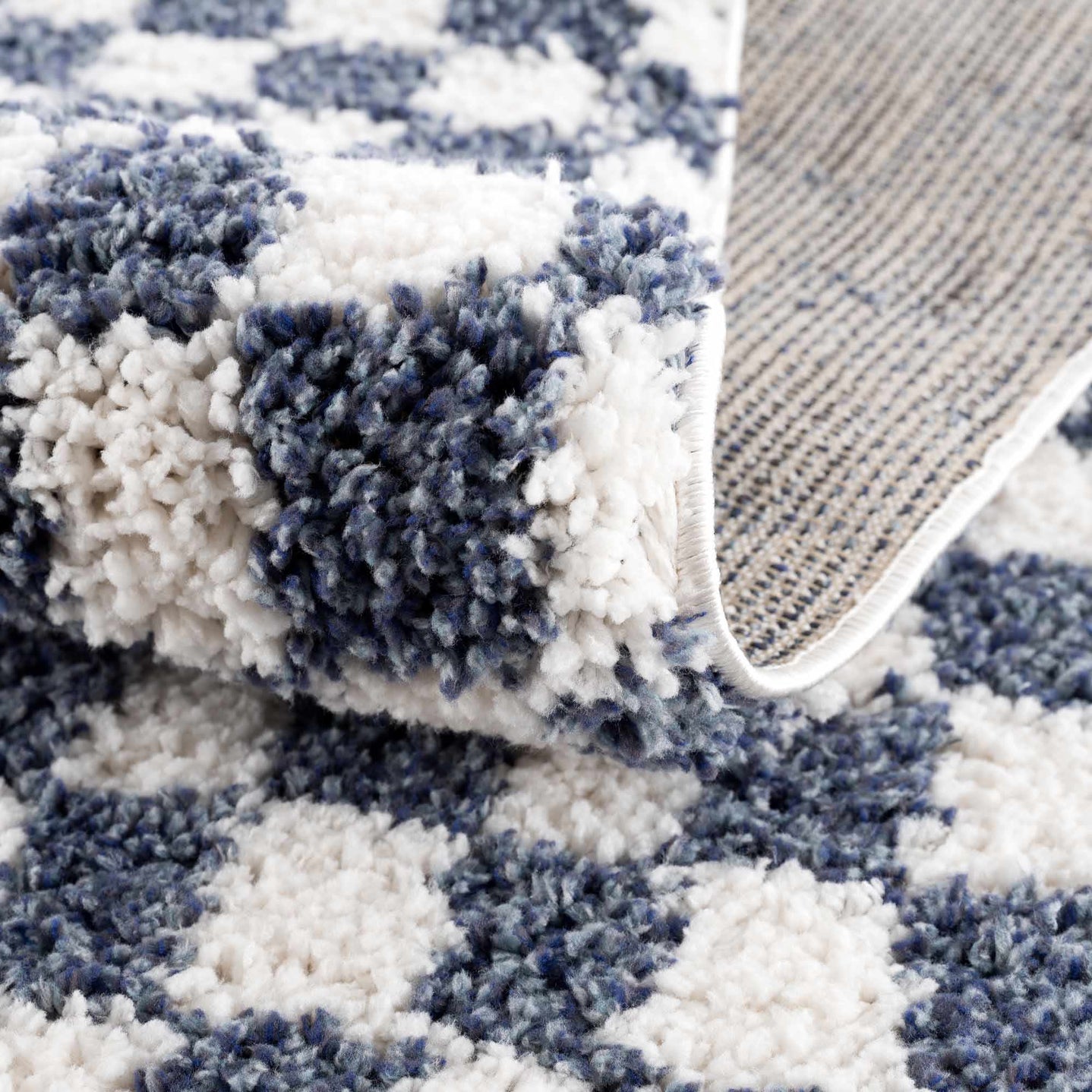 Modern Geometrical Blue and Ivory Checkered Plush Pile Moroccan Style Area Rug - The Rug Decor