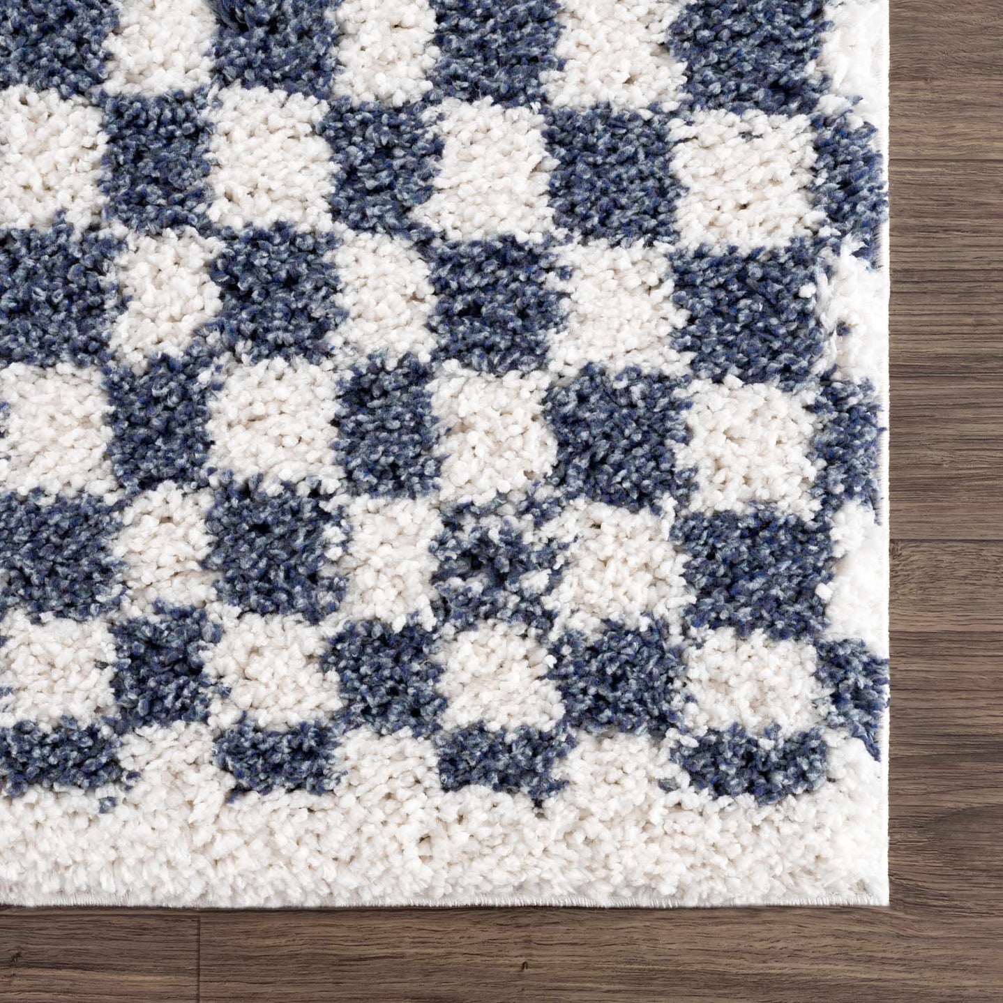 Modern Geometrical Blue and Ivory Checkered Plush Pile Moroccan Style Area Rug - The Rug Decor