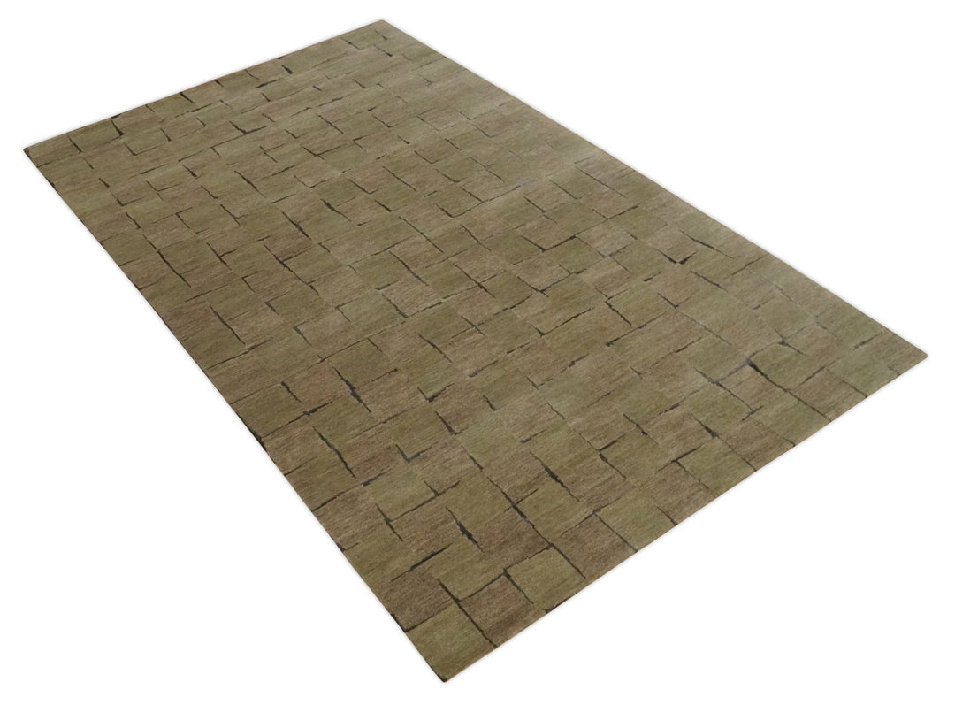 Modern Geometrical Brown, Olive and Charcoal Hand Knotted 5x8 Wool and Silk Area Rug - The Rug Decor