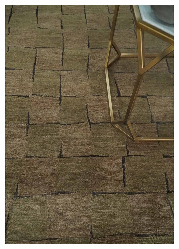 Modern Geometrical Brown, Olive and Charcoal Hand Knotted 5x8 Wool and Silk Area Rug - The Rug Decor
