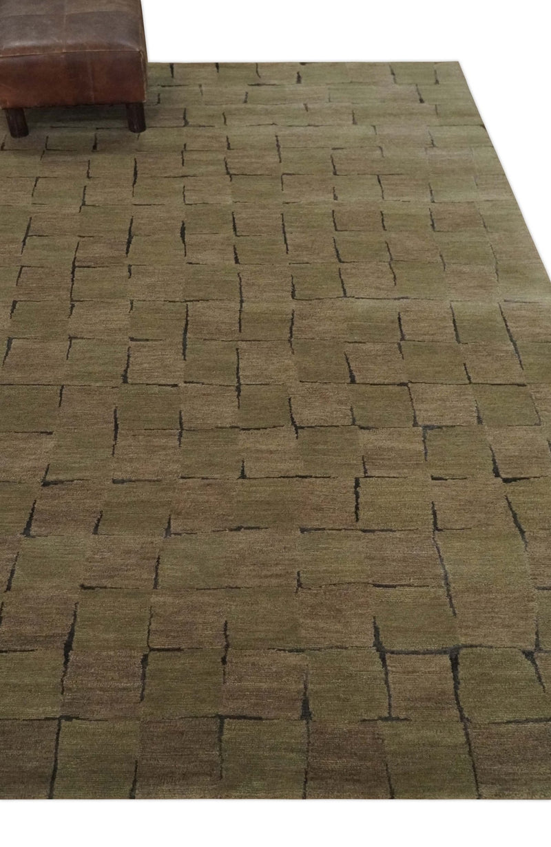 Modern Geometrical Brown, Olive and Charcoal Hand Knotted 5x8 Wool and Silk Area Rug - The Rug Decor
