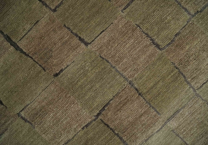 Modern Geometrical Brown, Olive and Charcoal Hand Knotted 5x8 Wool and Silk Area Rug - The Rug Decor