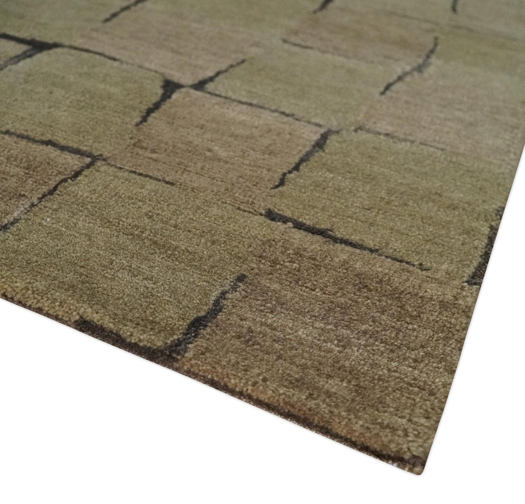 Modern Geometrical Brown, Olive and Charcoal Hand Knotted 5x8 Wool and Silk Area Rug - The Rug Decor