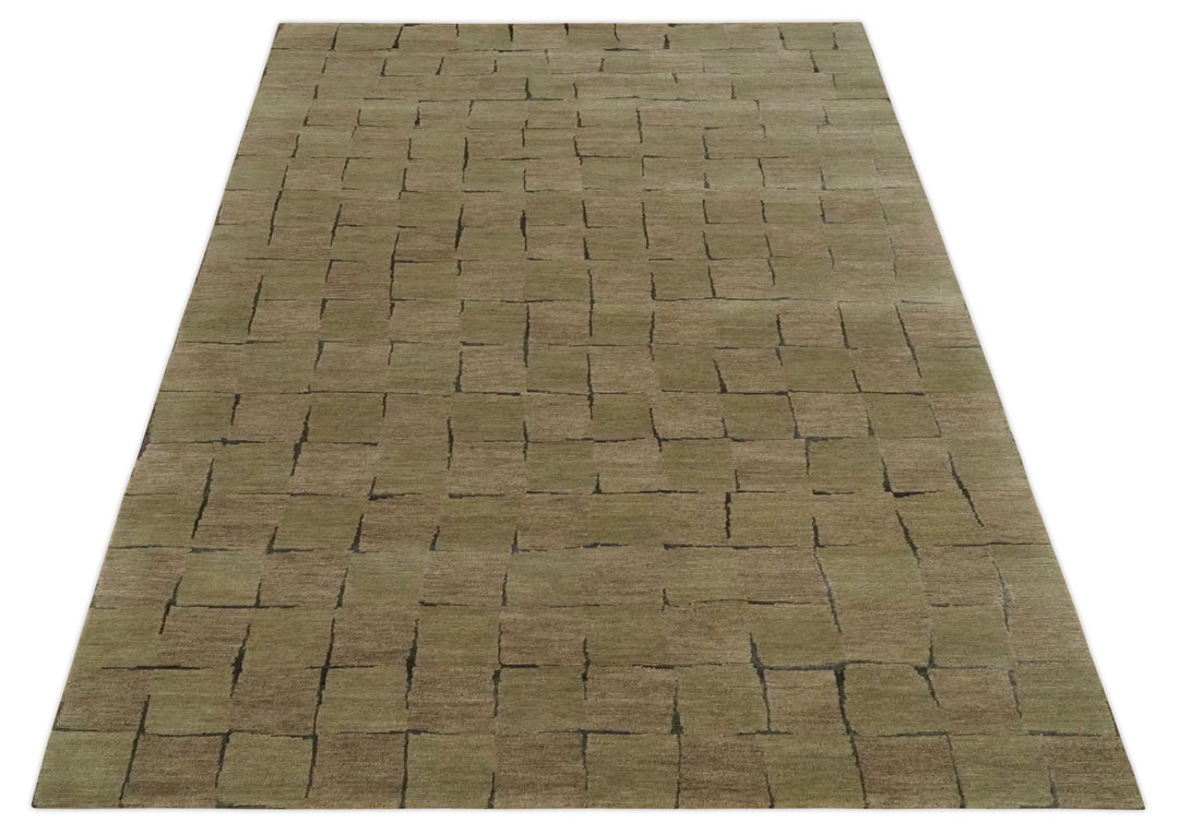 Modern Geometrical Brown, Olive and Charcoal Hand Knotted 5x8 Wool and Silk Area Rug - The Rug Decor
