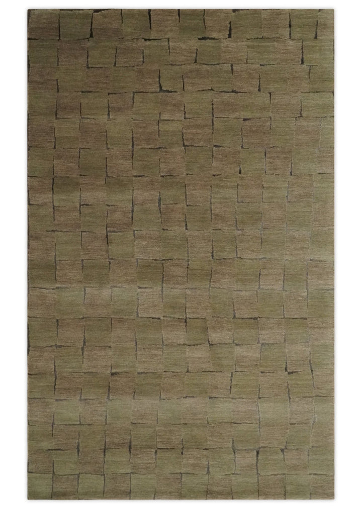 Modern Geometrical Brown, Olive and Charcoal Hand Knotted 5x8 Wool and Silk Area Rug - The Rug Decor