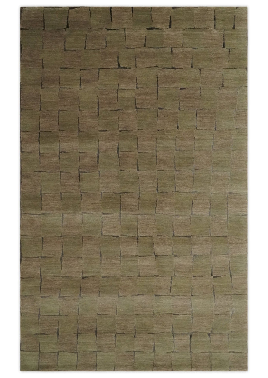 Modern Geometrical Brown, Olive and Charcoal Hand Knotted 5x8 Wool and Silk Area Rug - The Rug Decor
