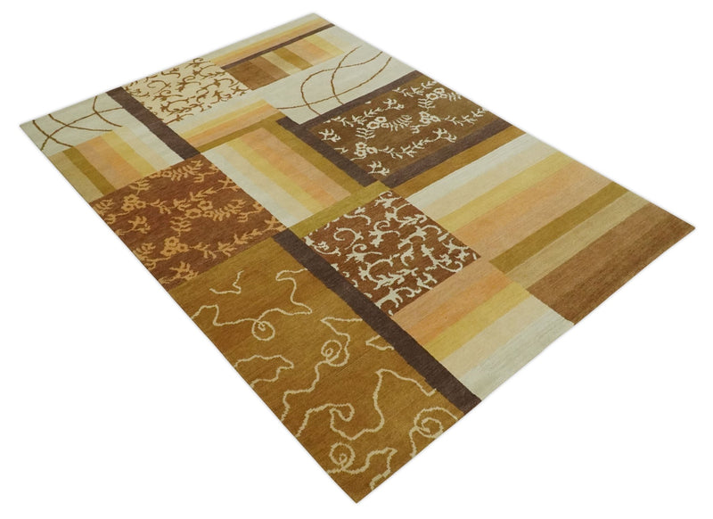 Modern Geometrical Brown, Olive and Ivory Hand knotted Floral 6x8 wool Area Rug - The Rug Decor