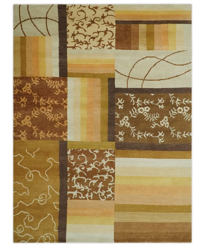 Modern Geometrical Brown, Olive and Ivory Hand knotted Floral 6x8 wool Area Rug - The Rug Decor