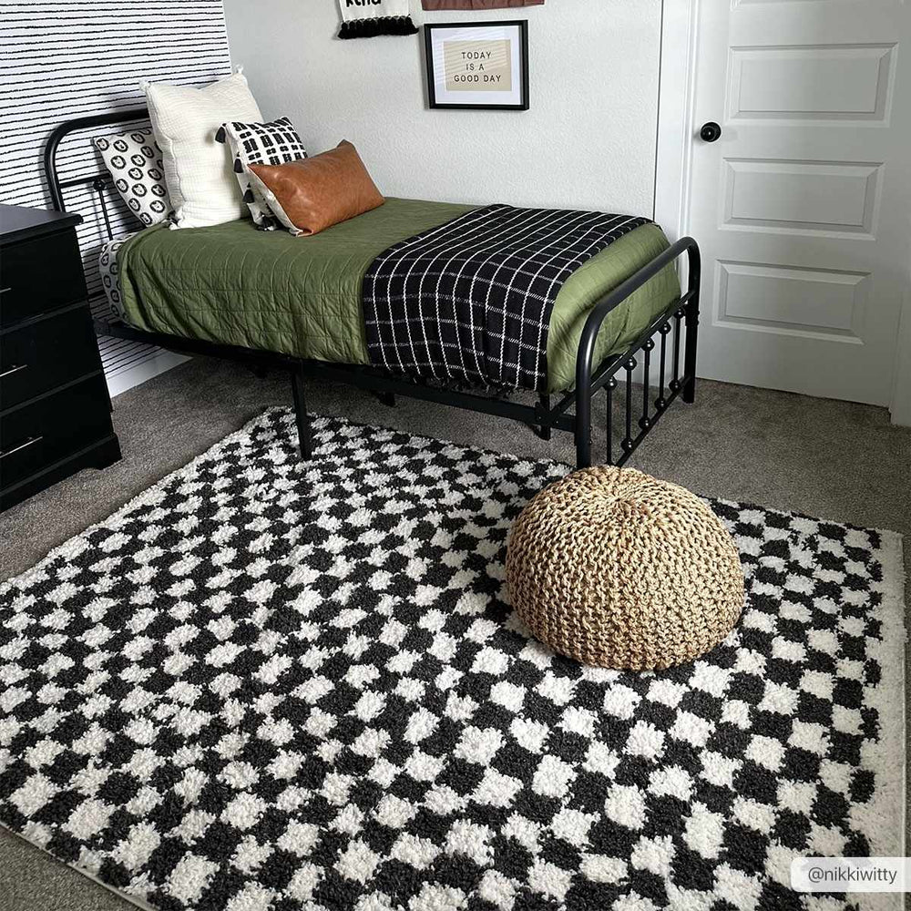Modern Geometrical Charcoal and Ivory Checkered Plush Pile Moroccan Style Area Rug - The Rug Decor