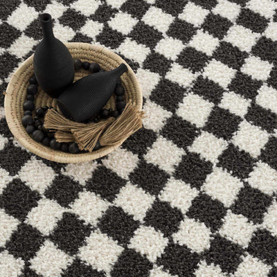 Modern Geometrical Charcoal and Ivory Checkered Plush Pile Moroccan Style Area Rug - The Rug Decor