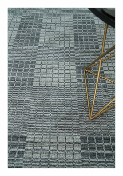 Modern Geometrical Checkered striped Hand Made 8x10 Charcoal, Gray and Silver Scandinavian Blended Wool Flatwoven Area Rug | KE38 - The Rug Decor