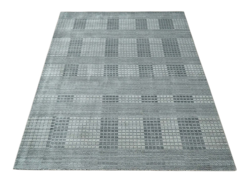 Modern Geometrical Checkered striped Hand Made 8x10 Charcoal, Gray and Silver Scandinavian Blended Wool Flatwoven Area Rug | KE38 - The Rug Decor