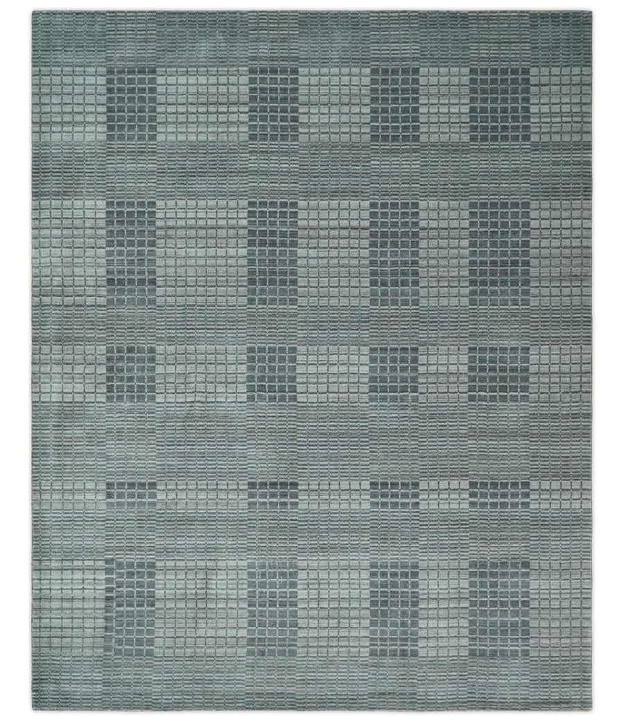 Modern Geometrical Checkered striped Hand Made 8x10 Charcoal, Gray and Silver Scandinavian Blended Wool Flatwoven Area Rug | KE38 - The Rug Decor