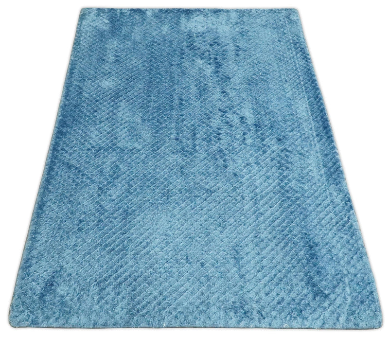 Modern Geometrical Cross Square Hand Made 2x3 Aqua Blue Art silk Area Rug - The Rug Decor