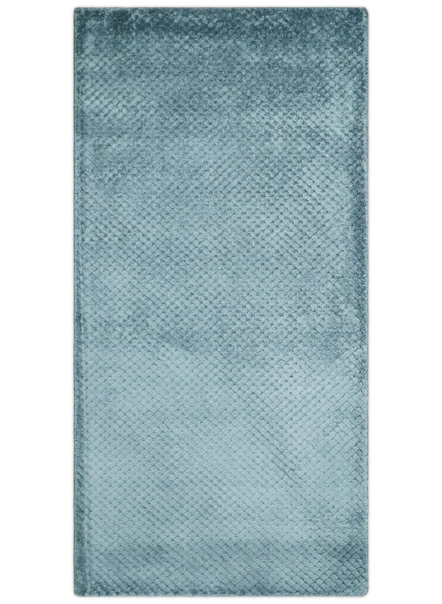 Modern Geometrical Cross Square Hand Made 2x4 Aqua Blue Art Silk Area Rug - The Rug Decor